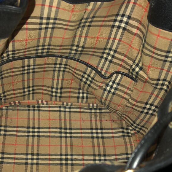 BURBERRYS Large Black Leather Bucket Drawstring Bag Nova Check Lining Authentic - Picture 15 of 17